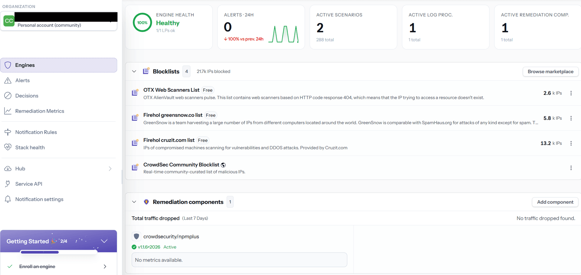 Console CrowdSec affichant l’état du moteur, les blocklists et le composant de remédiation NPMplus
