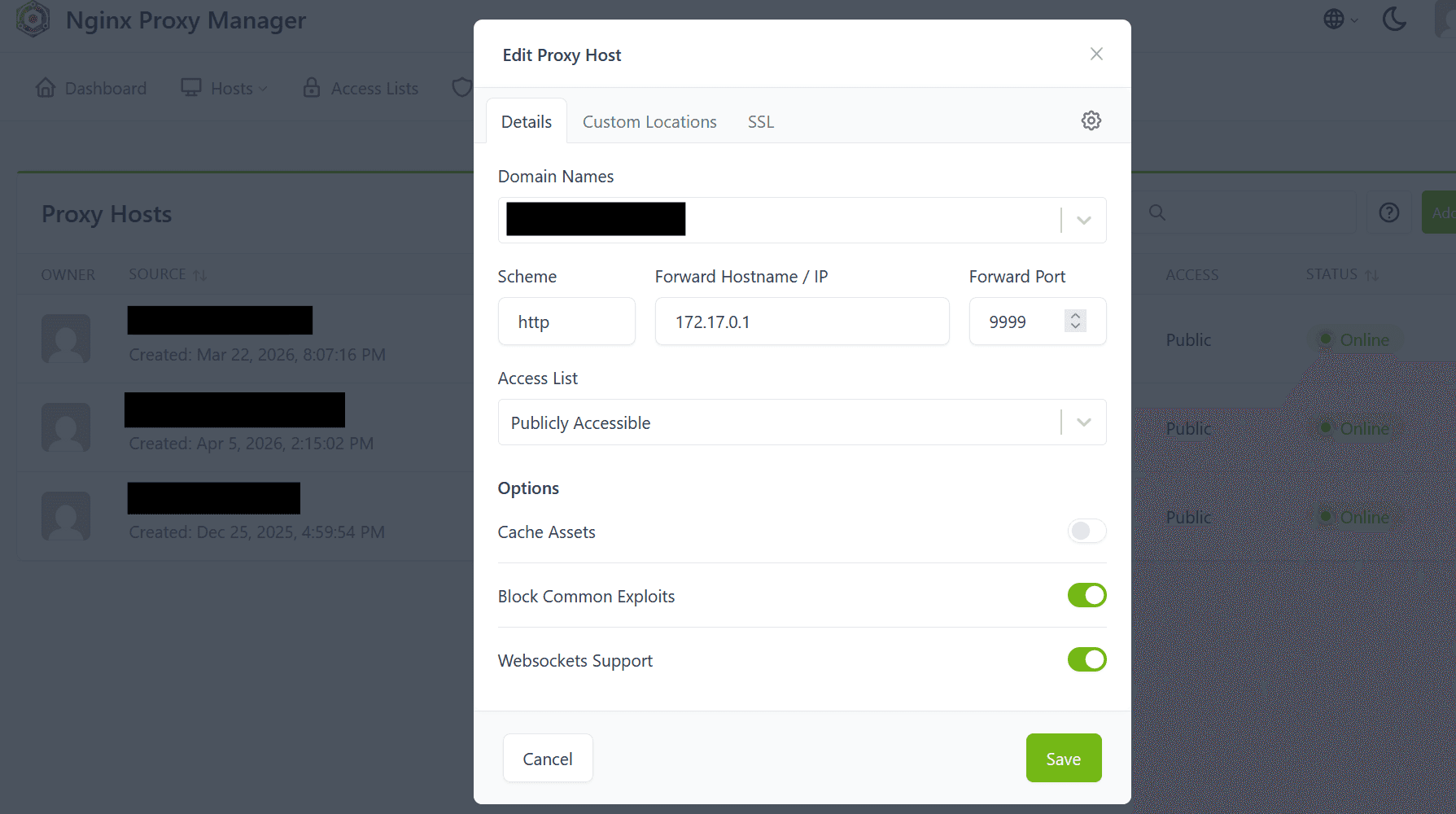 Tableau de bord de Nginx Proxy Manager