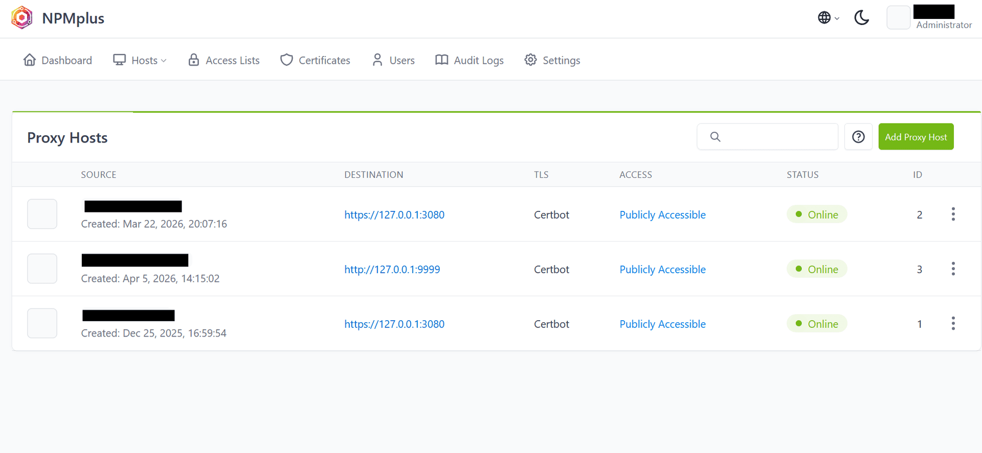 Interface NPMplus affichant la liste des proxy hosts en ligne
