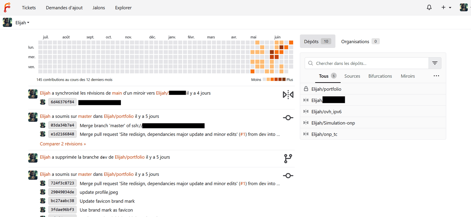 Interface Forgejo affichant une forge personnelle